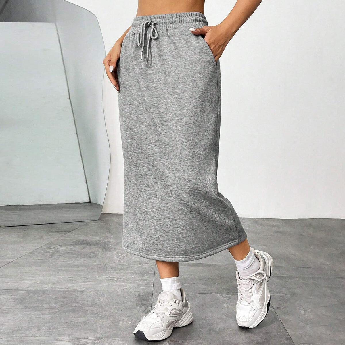 A- Line Pure Color Elastic Waist Mid-length Skirts