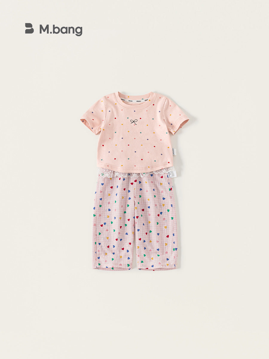 Children's Summer Sweet Polka Dot Short Sleeve Lace Casual Pants Two-piece Children's Suit