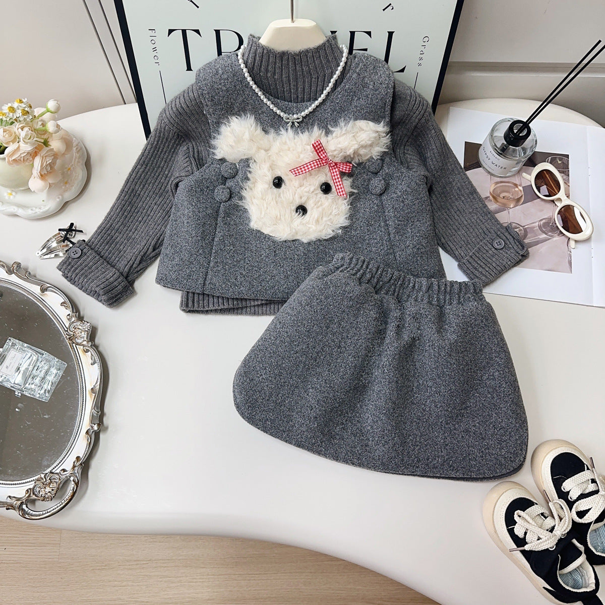 Women's Scrawl Puppy Vest Winter Plus Fluffy Skirt Children's Suit