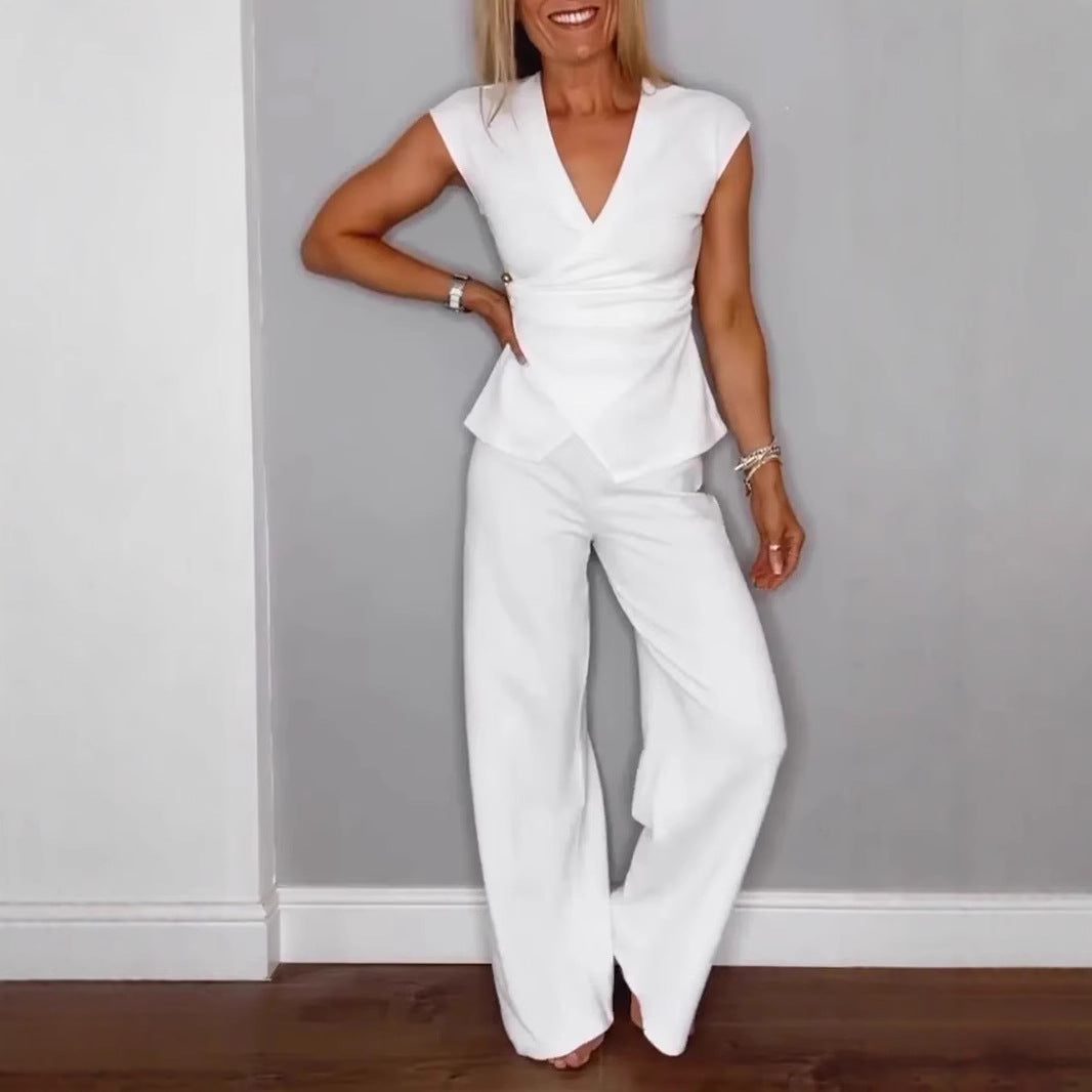 Women's Solid Color Pleated Sleeves Trousers With Metal Fashion Casual Suit