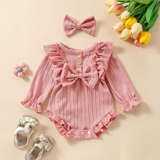 Long Sleeve Bowknot Sunken Stripe Romper Headscarf Two-piece Set Sweet Jumpsuit, Climbing Suit
