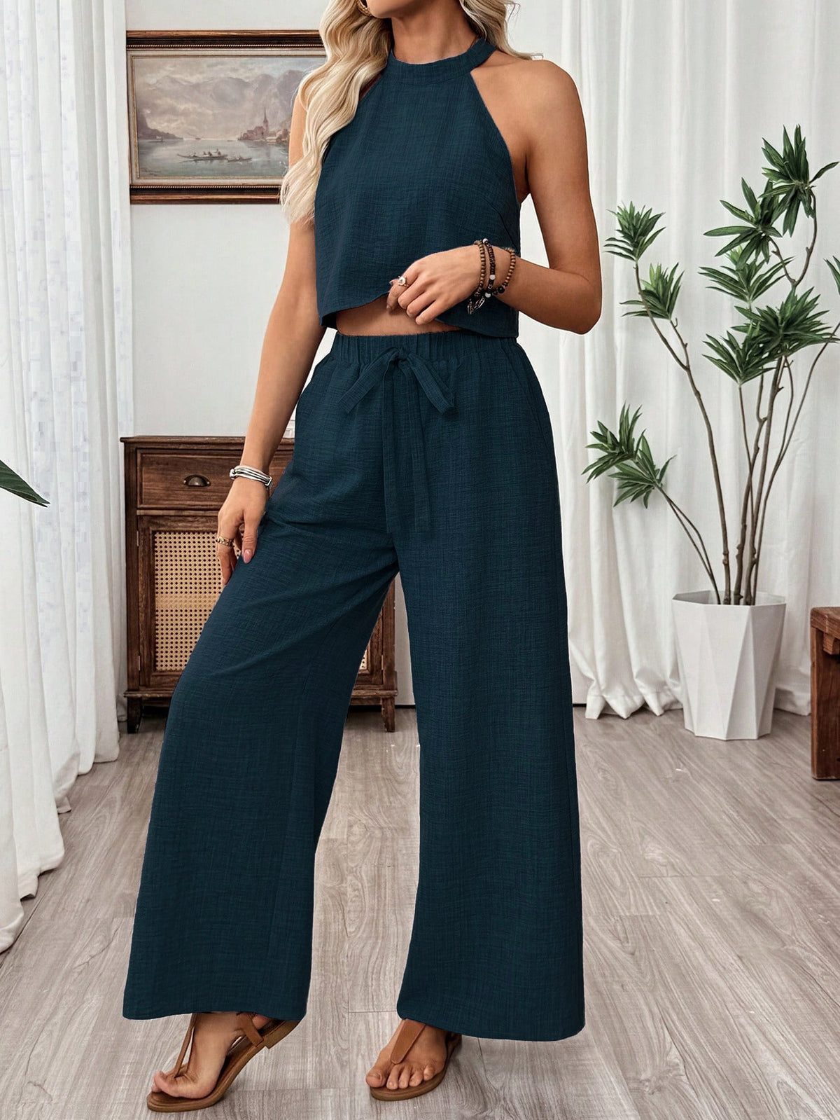 Women's Halter Sleeveless Wide Leg For Two-piece Fashion Casual Suit