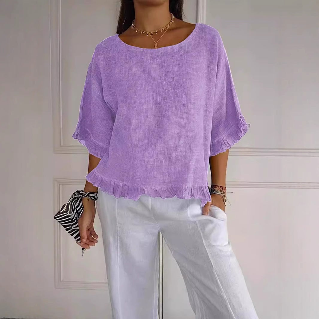 Women's Sleeve Stringy Seedge Round Neck Cotton Linen Solid Color Loose Shorts
