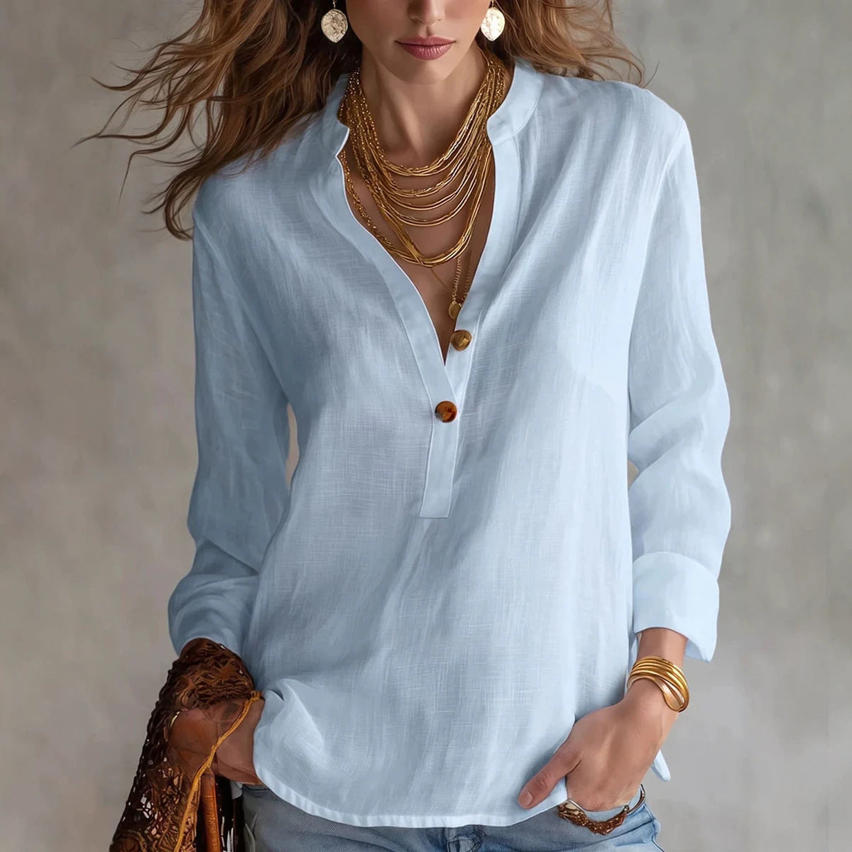 Women's Summer Solid Color Comfortable Fashion Button Women's T-shirt