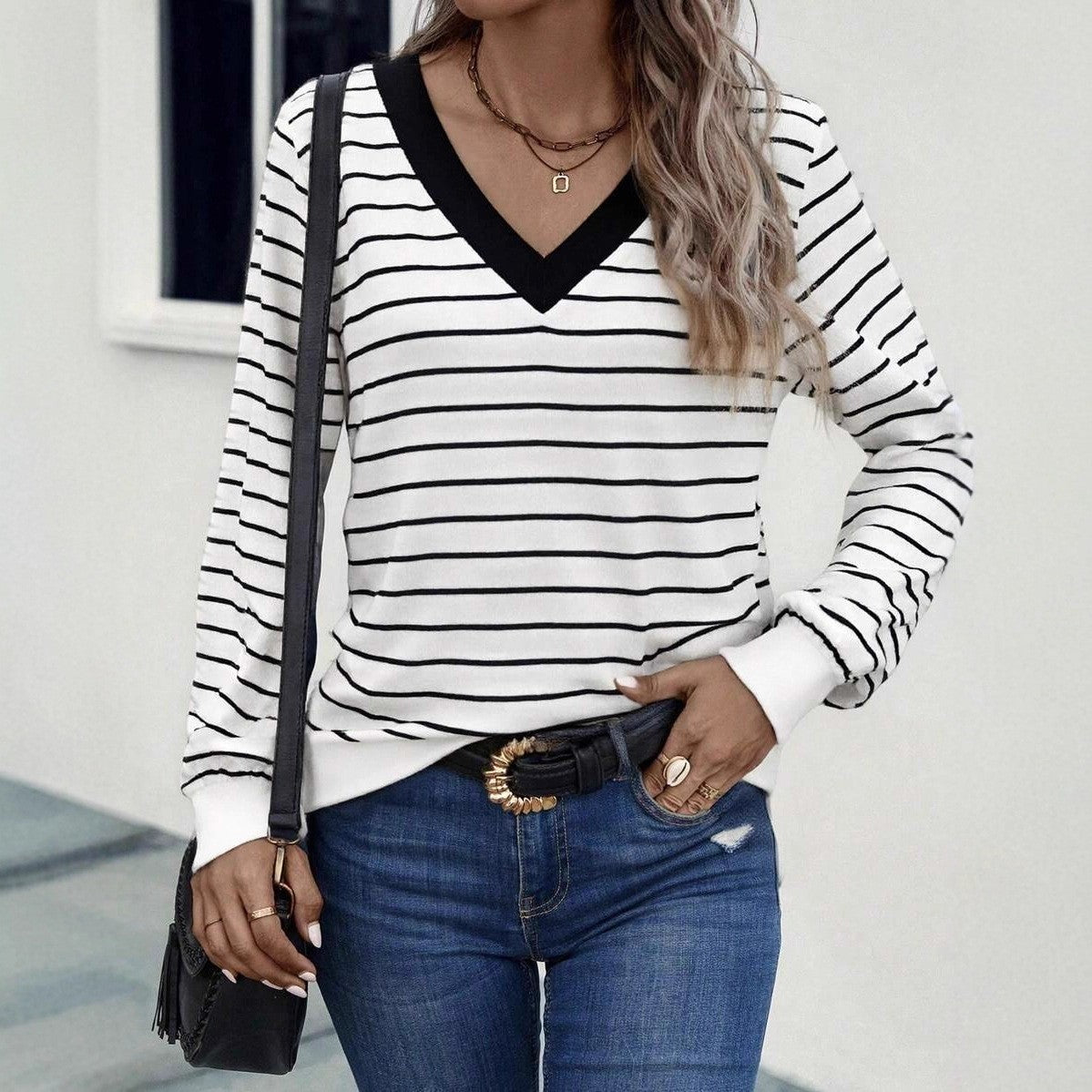 Women's Casual Striped V Neck Pullover Long Women's T-shirt