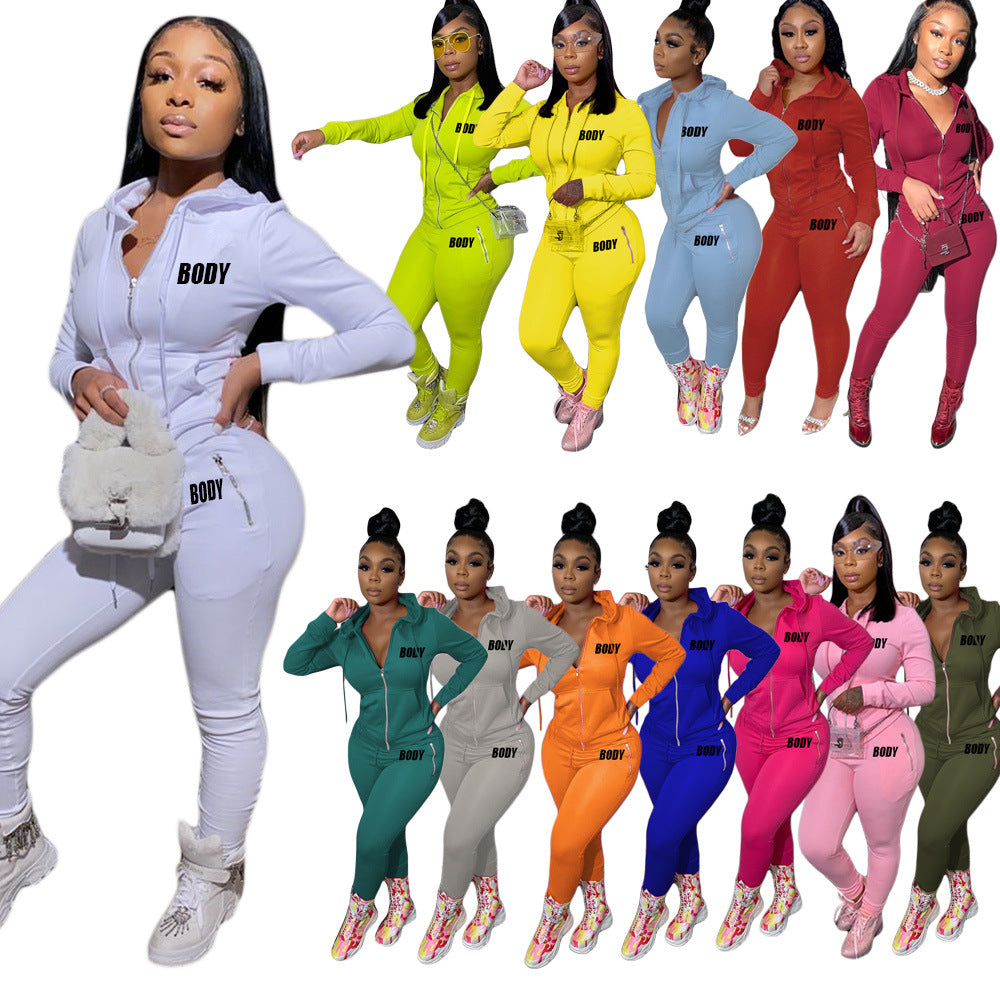 Women's Autumn Letters Printing Personality Zipper Two-piece Clothing