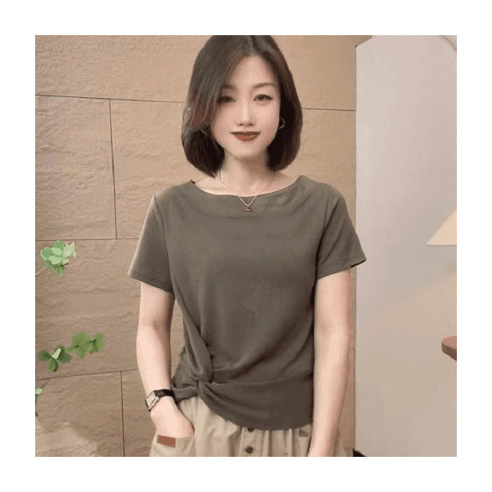 Women's Shirt Sleeve Pleated Solid Color Round Neck Fashion Wear Women's T-shirt