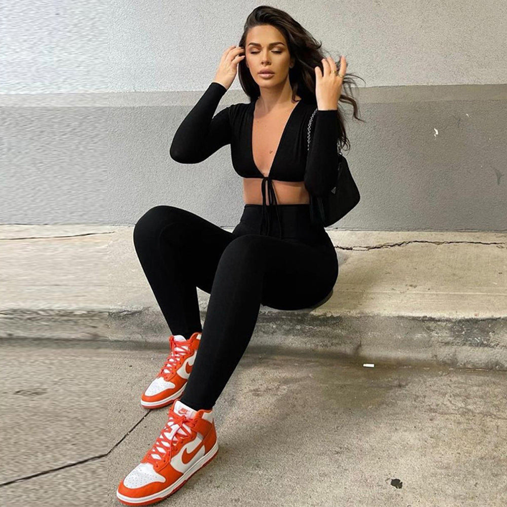 Women's Sexy Navel Cutout Long Sleeve Slim Fit Casual Pants