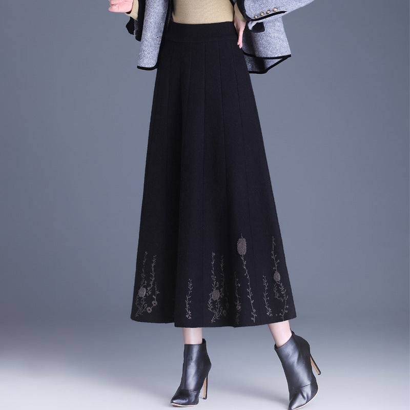 Women's High Waist Wool Big Hem A- Line Knitted Dress Pleated Skirt