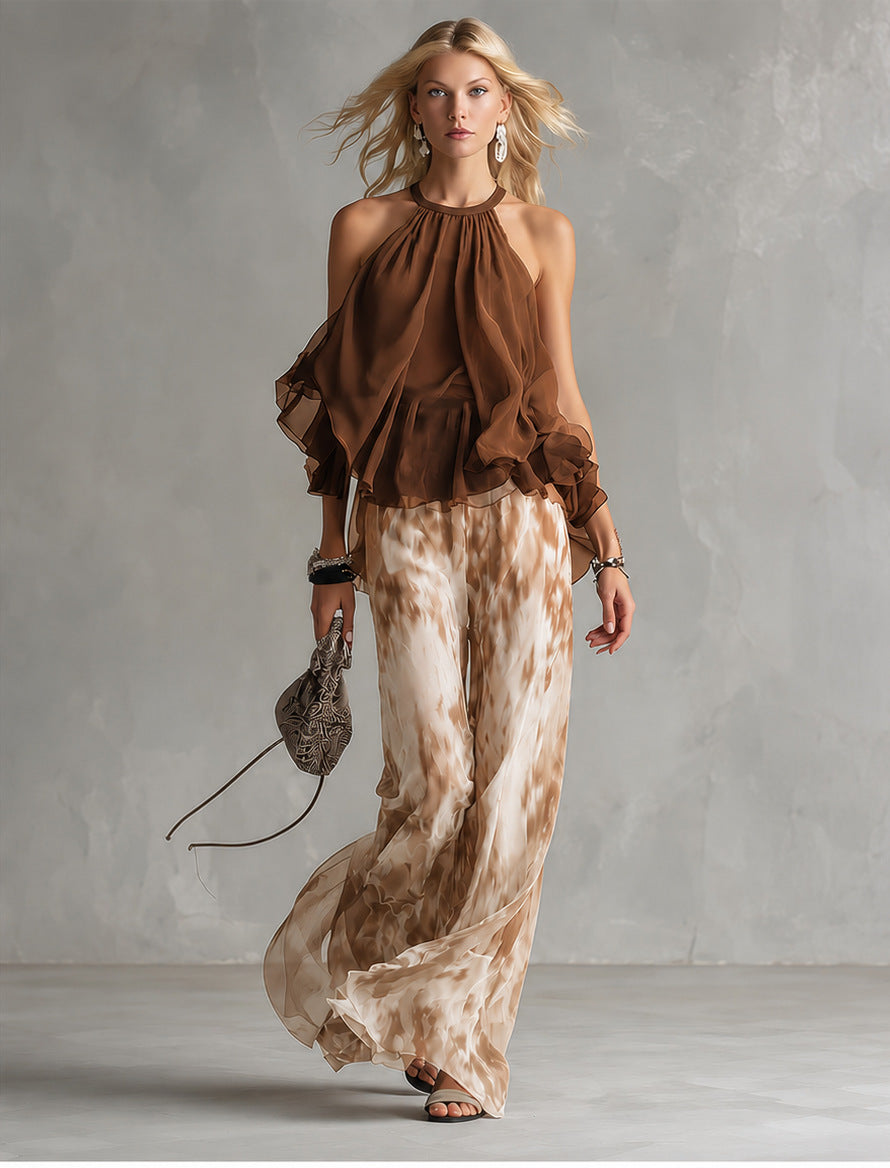 Classy Elegant Urban Camisole Printed Chiffon Pants