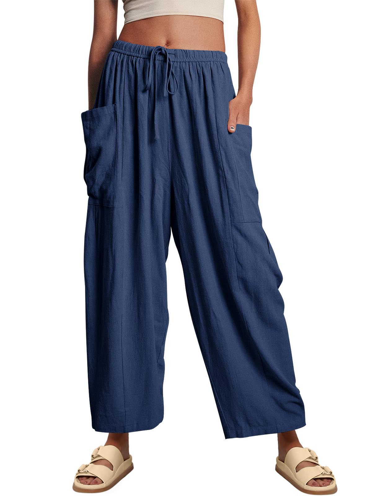 Women's Stripes Elastic Waist Cropped Pleated Breathable Casual Pants