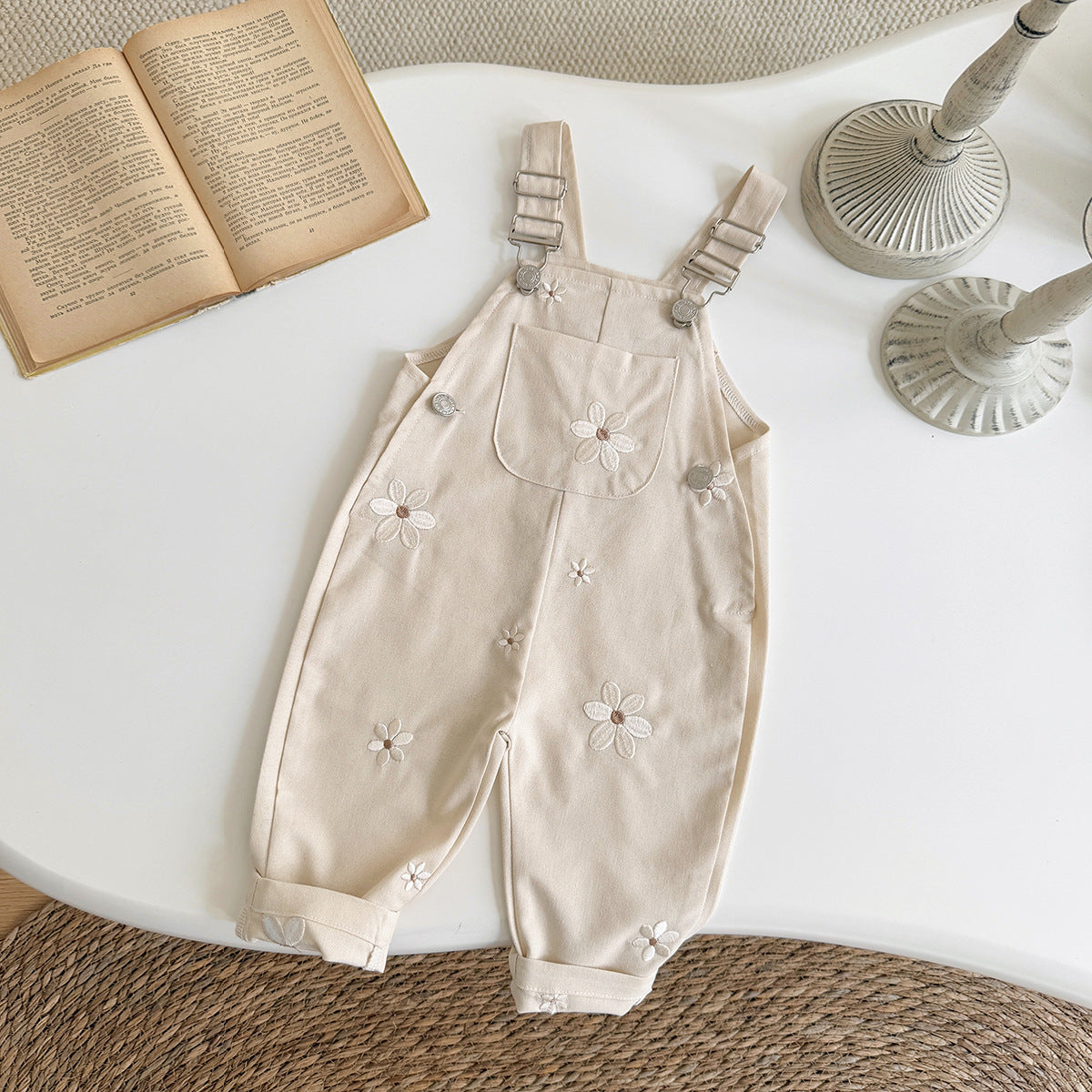 Jumpsuit Korean Style Fashion Suspender Flower Embroidered Casual Children's Pants