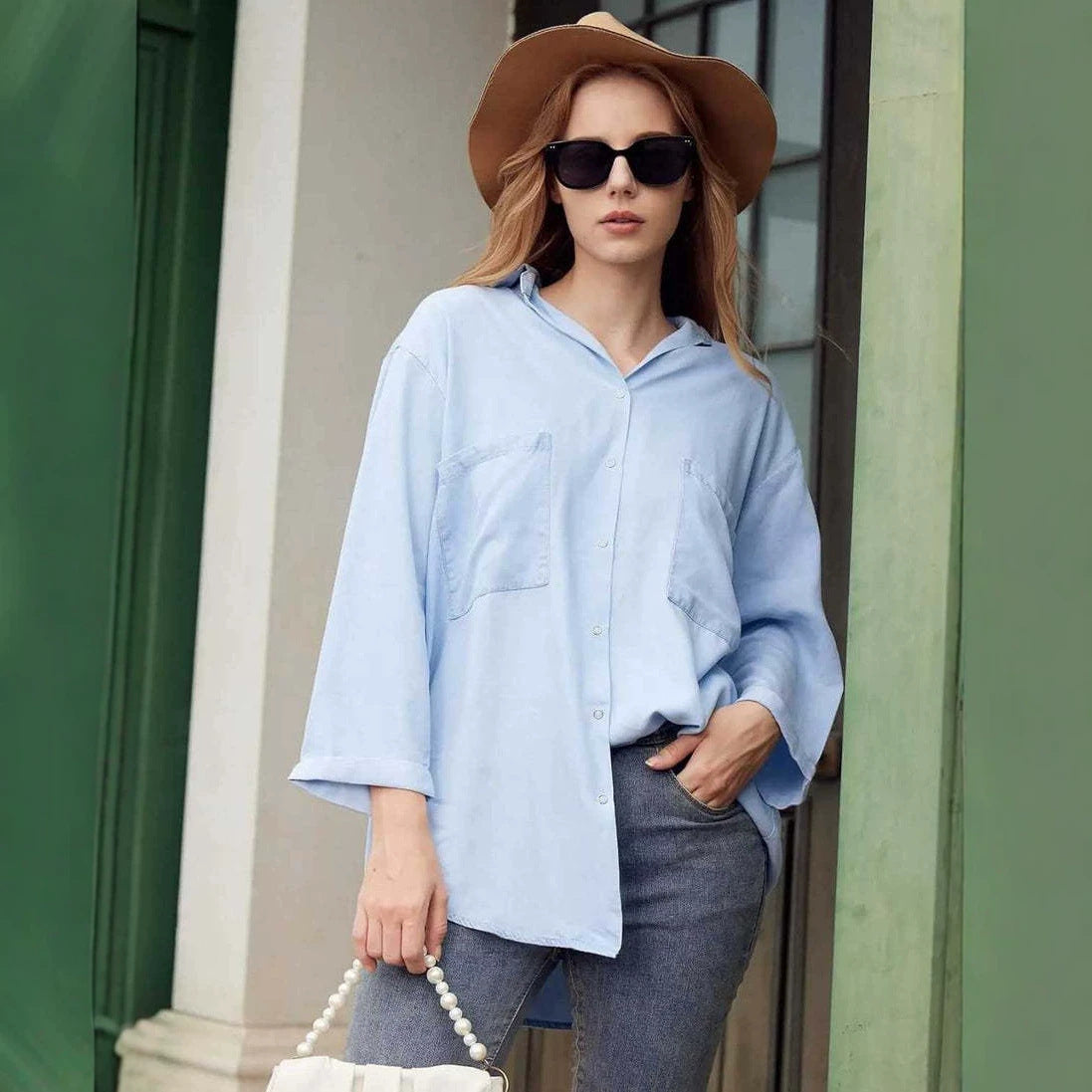 Women's Shirt Loose Three-quarter Sleeve Double Pocket Versatile Large Blouse