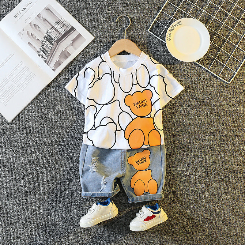 Children's Boy's Cartoon Printed Round Neck Short Sleeve T-shirt Personality Children's Suit