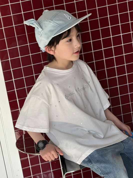 Children's Summer Trendy Top Hot Drilling Craft Round Neck Pullover Leisure Children's T-shirt