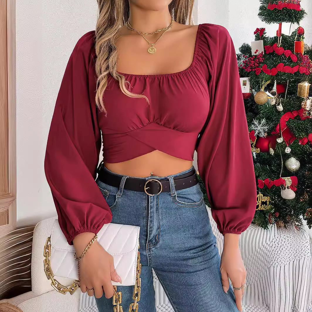 Graceful Women's Casual Lantern Sleeve Waist Lace Shirt, Chiffon Shirt
