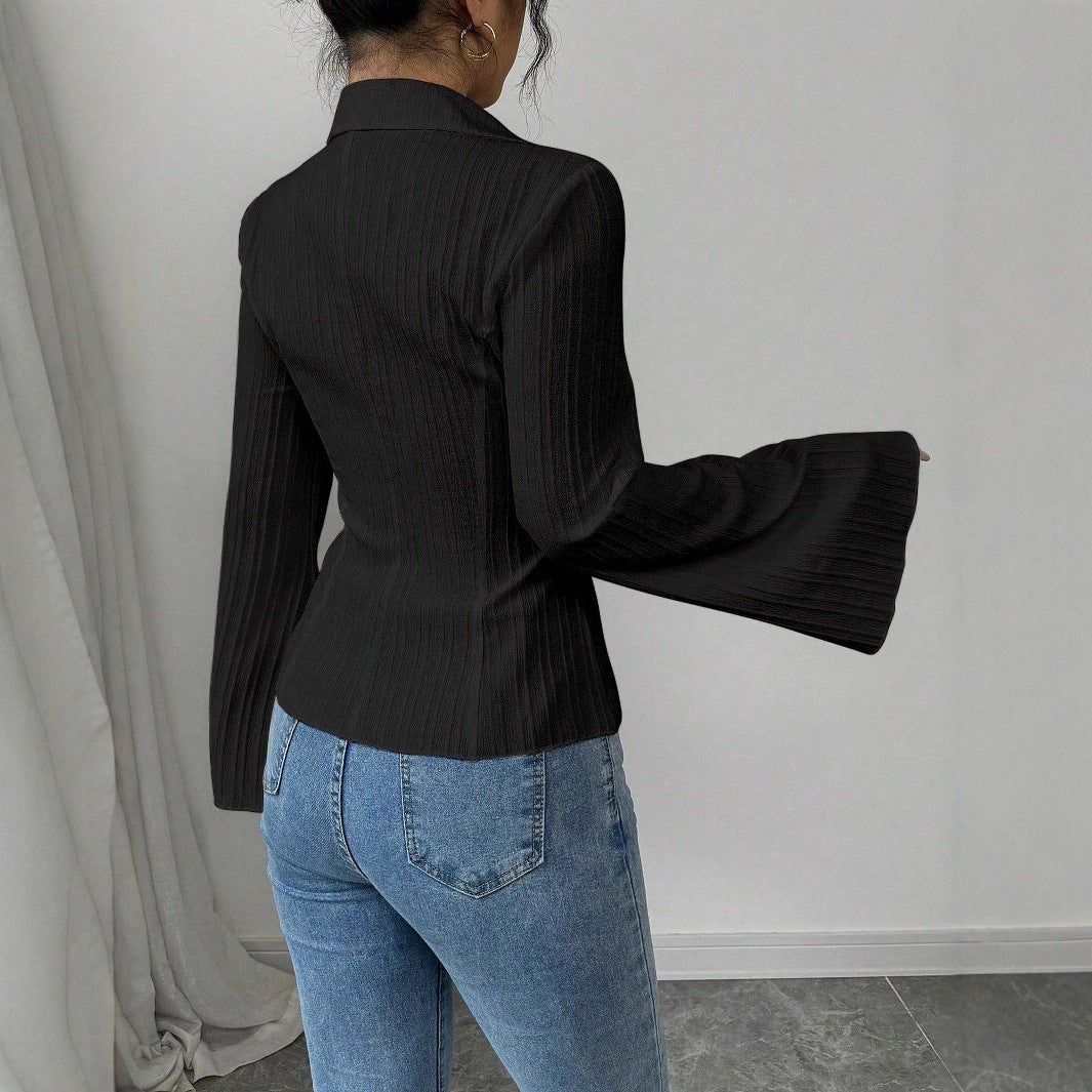 Women's European Elegant Single-breasted Solid Color Striped Blouse