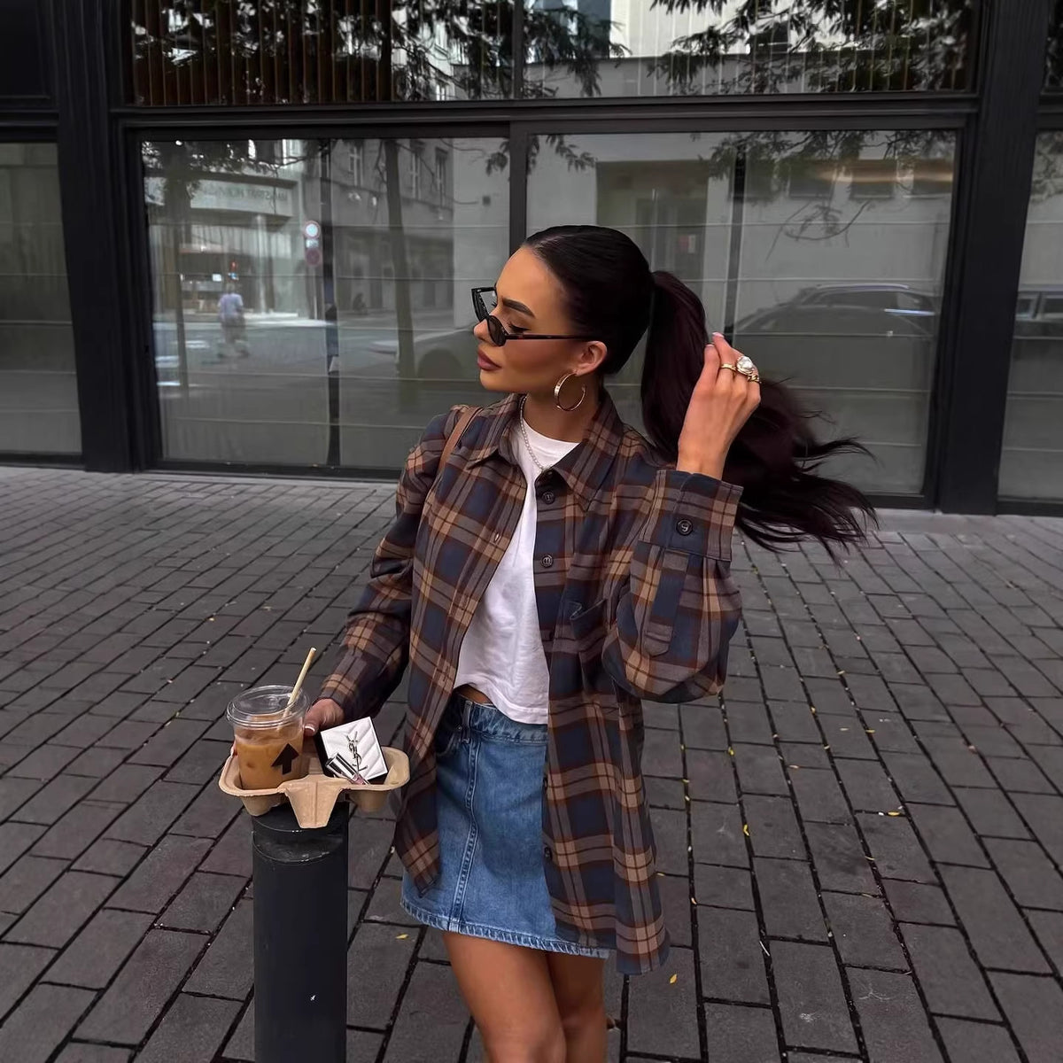 Women's Leisure Button Flannel Plaid Long Sleeve Neckline Coats