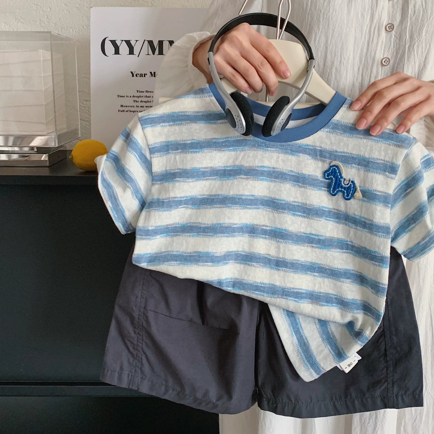 Men's & Children's Casual Striped Summer Boys Pony Embroidered Top Thin Children's T-shirt