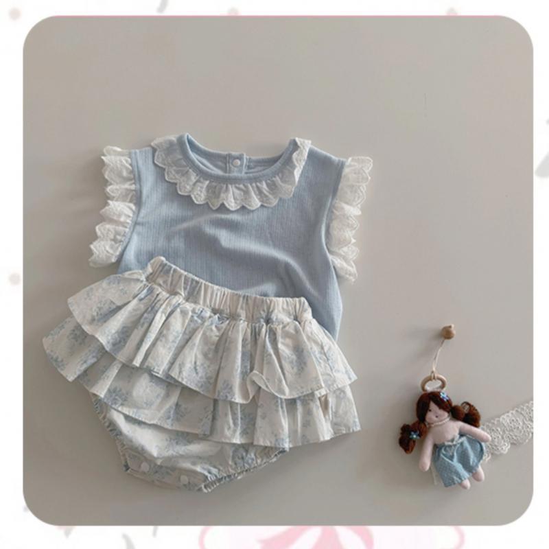 Short Sleeves Floral Bloomer With Skirt Korean Cute Children's Suit