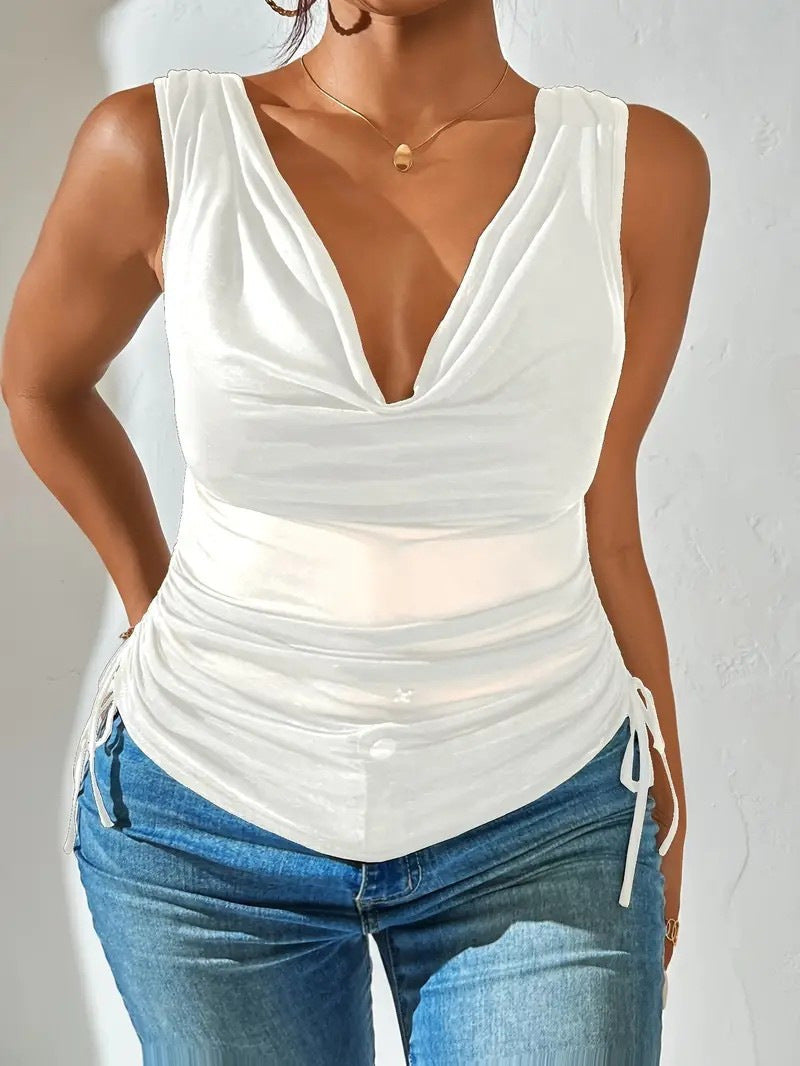 Fashionable Sexy Pile Collar Deep V Solid Color Drawstring Small Vest/suspenders/tube Top