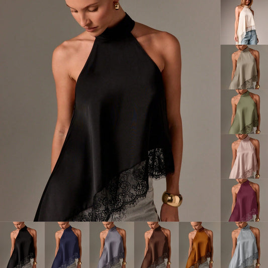 Women's Fashion Sleeveless Satin Strap Stitching Lace Trim Small Vest/suspenders/tube Top