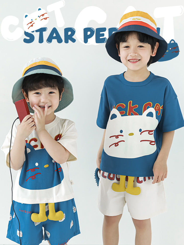 Cat Printing Short-sleeved Contrast Color Loose Shirt Cool Shorts Series Children's T-shirt