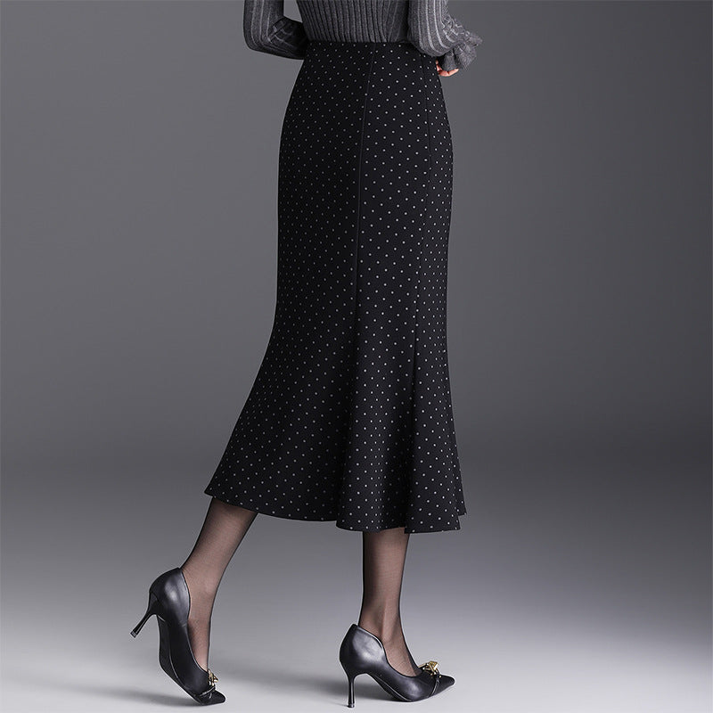 Women's Dots Fishtail High Waist Slimming Sheath Wool Skirt