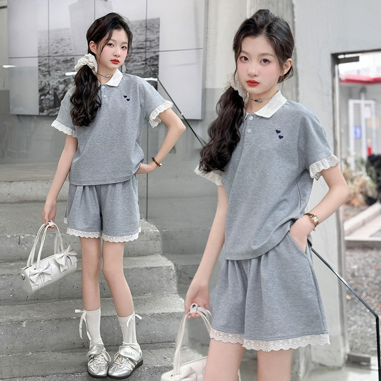 Children's Sports Suit Summer Korean Lace Edge Parent-child Outfit