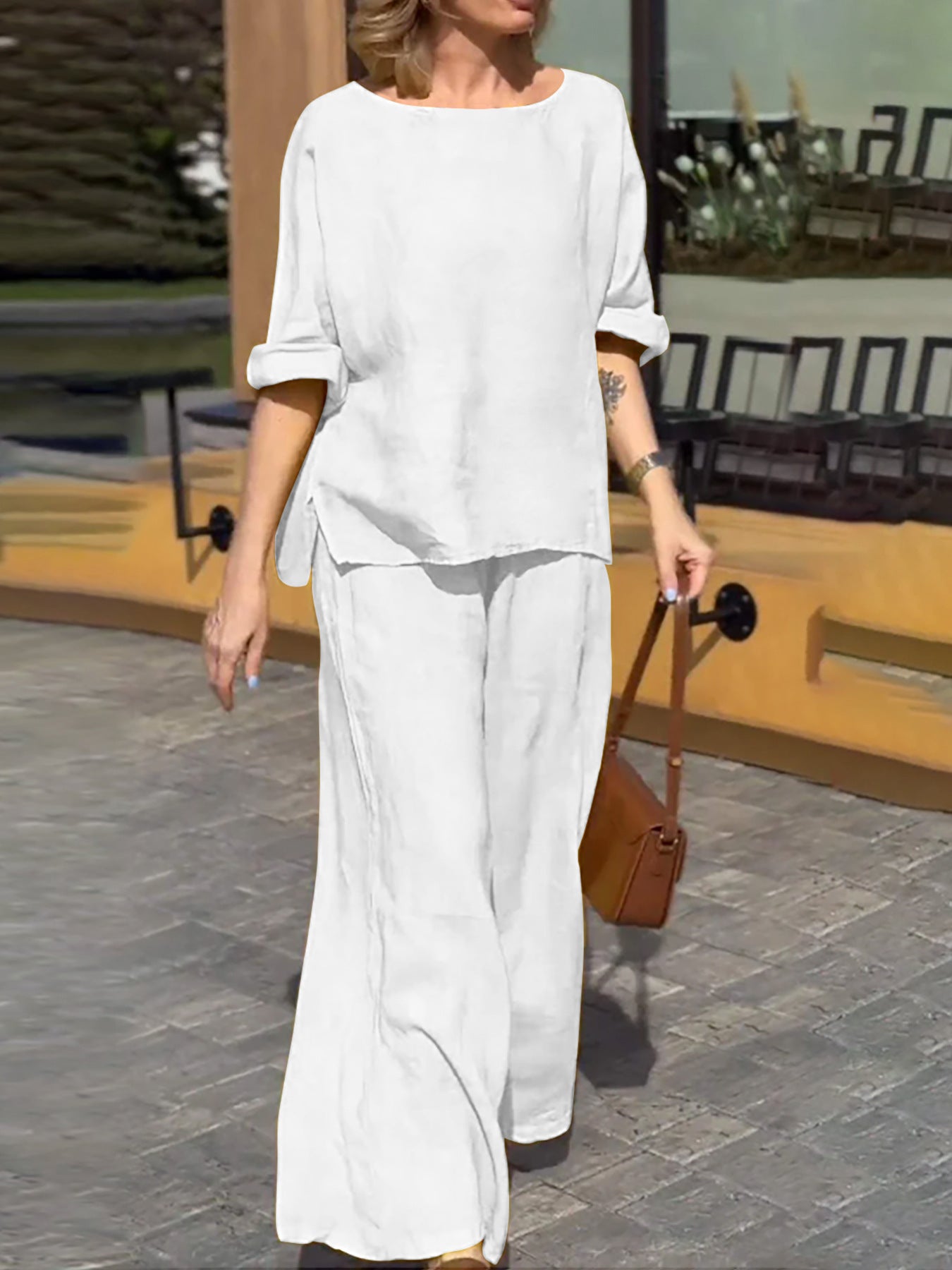 Women's Cotton Linen Solid Color Loose Trousers Suits