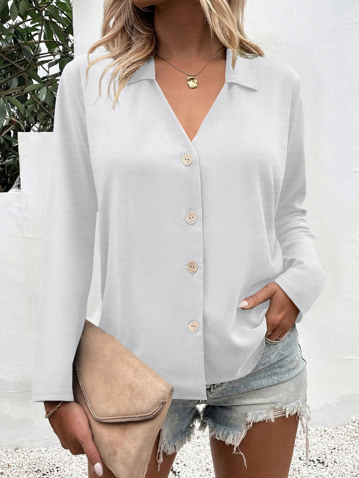 Women's Solid Color Long Sleeve Ice Silk Elegant Blouse