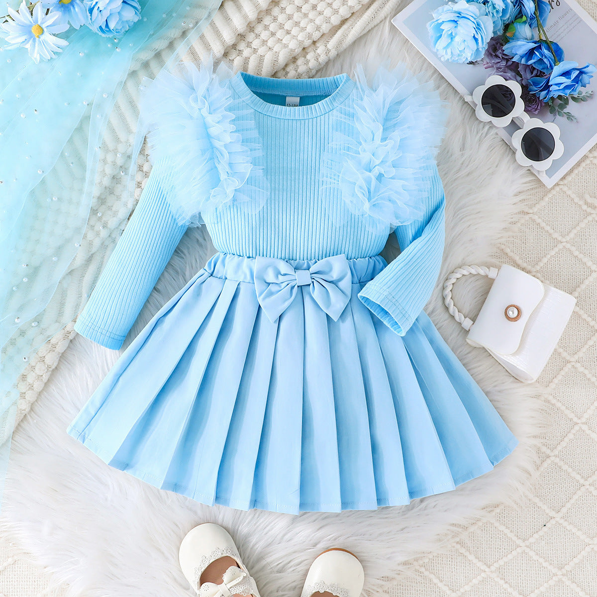 Sweet Multicolor Mesh Sleeves Top Bow Children's Suit