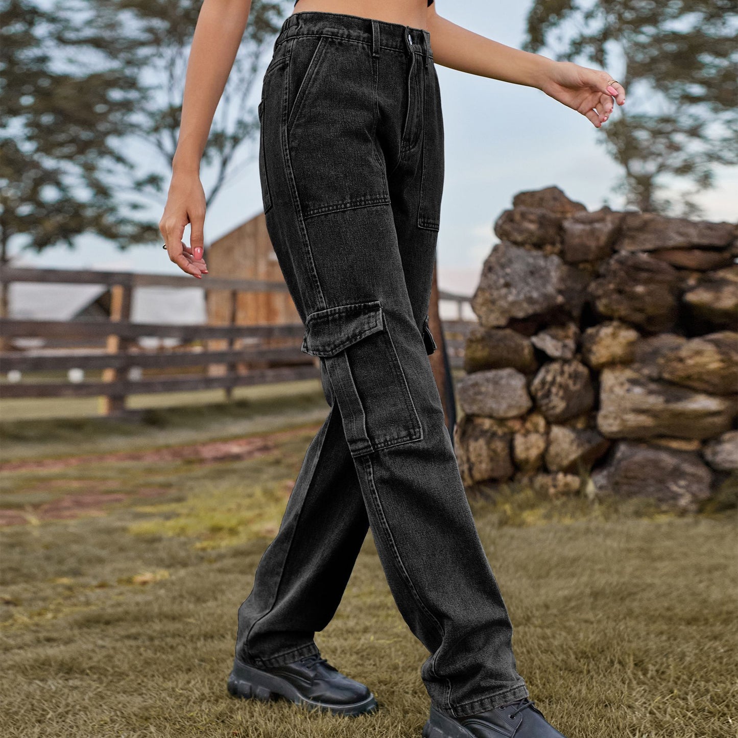 Women's American Retro Washed Design Personality Denim Cargo Women's Jeans