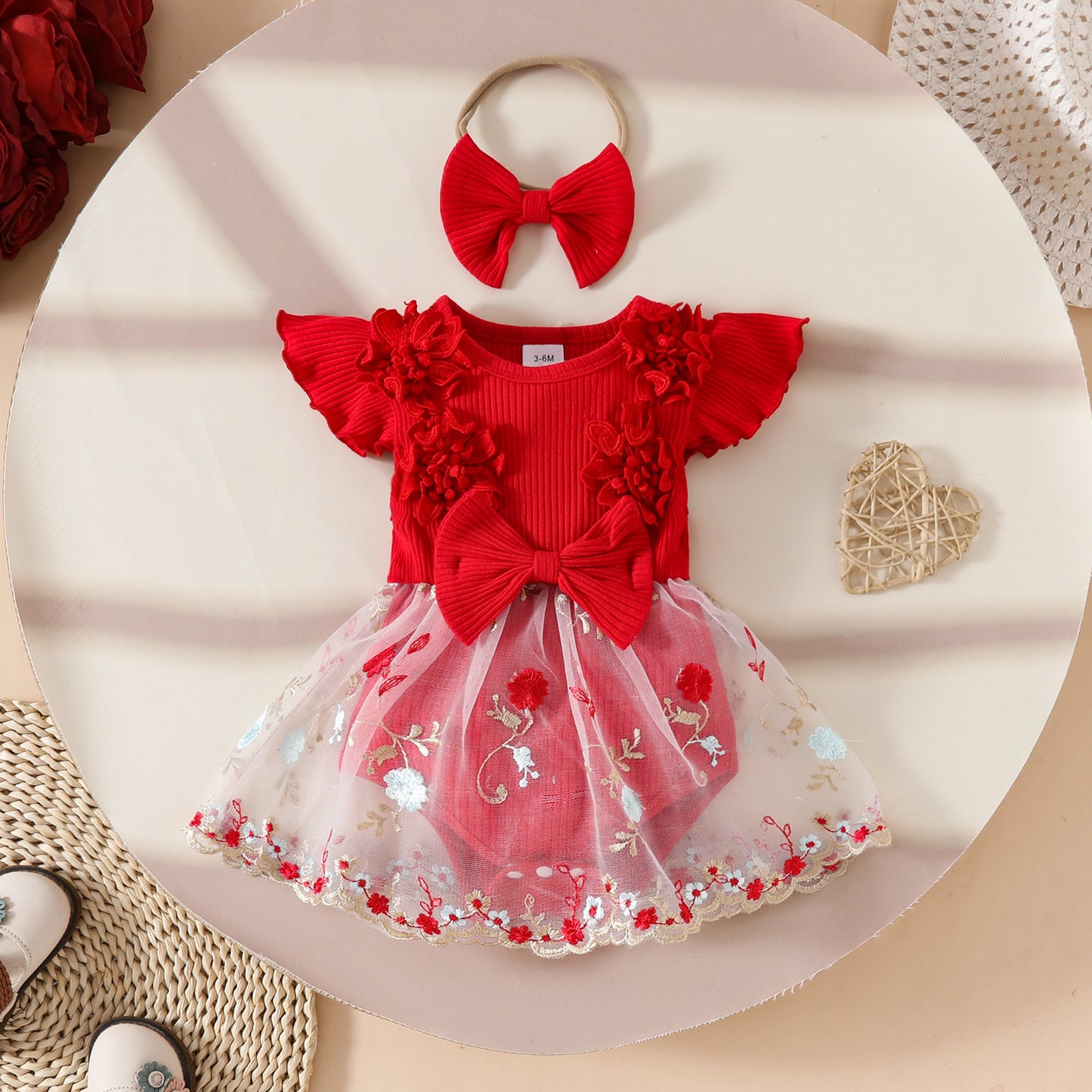 Flower Embroidery Mesh Princess Applique Sunken Stripe Children's Dress