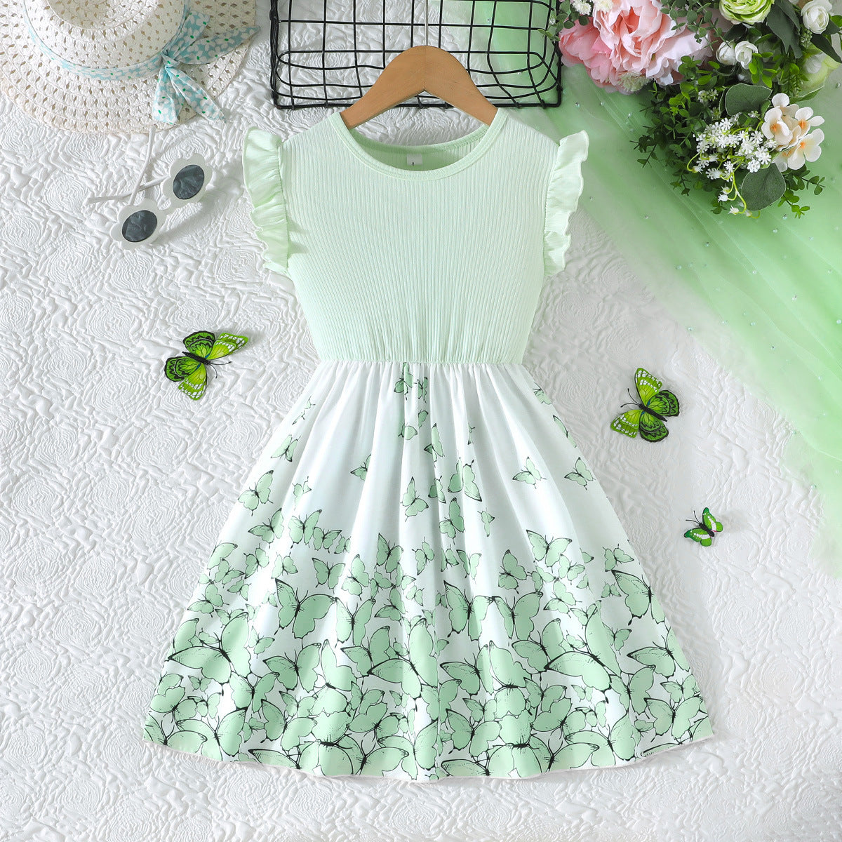 Short-sleeved Flounced Sleeve Sunken Stripe Stitching Butterfly Children's Dress