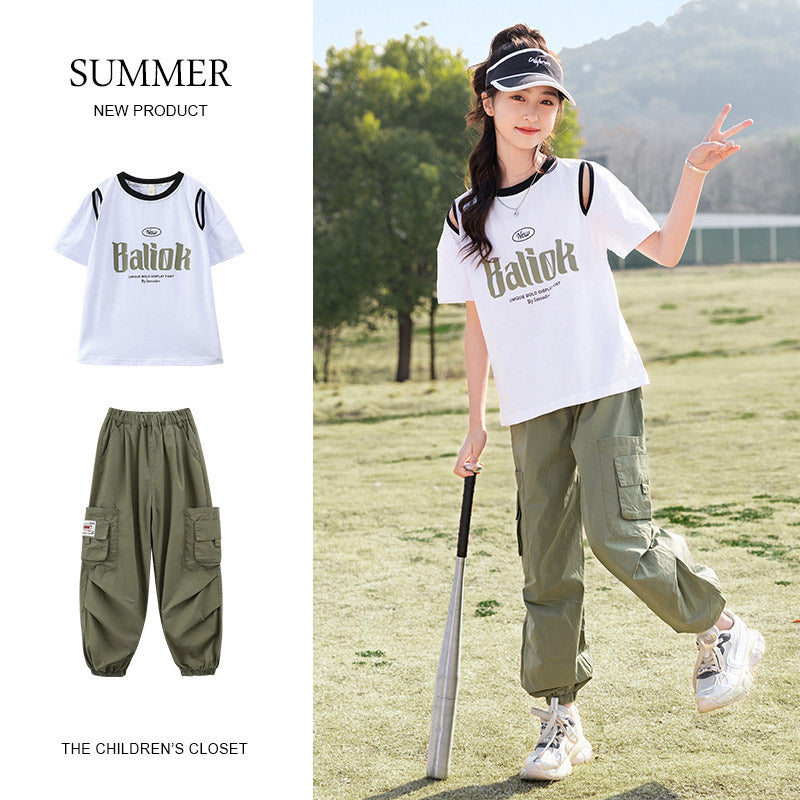 Children's Medium Large Casual Knitted Short Sleeve Trousers Children's Suit