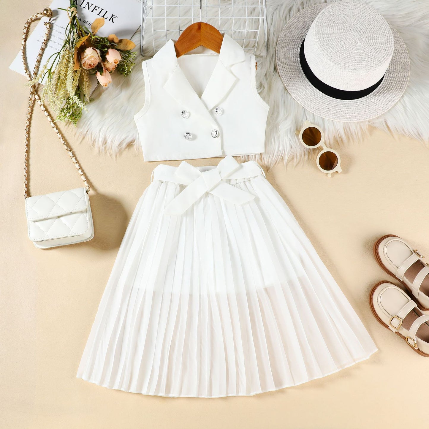 Fashion Tailored Collar Sleeveless Top Pleated Skirt Two-piece Children's Suit