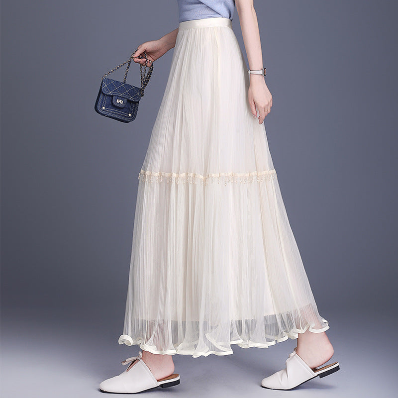 Women's Gauze High Waist Slimming A- Line Beaded Pleated Mesh Mid-length Skirts