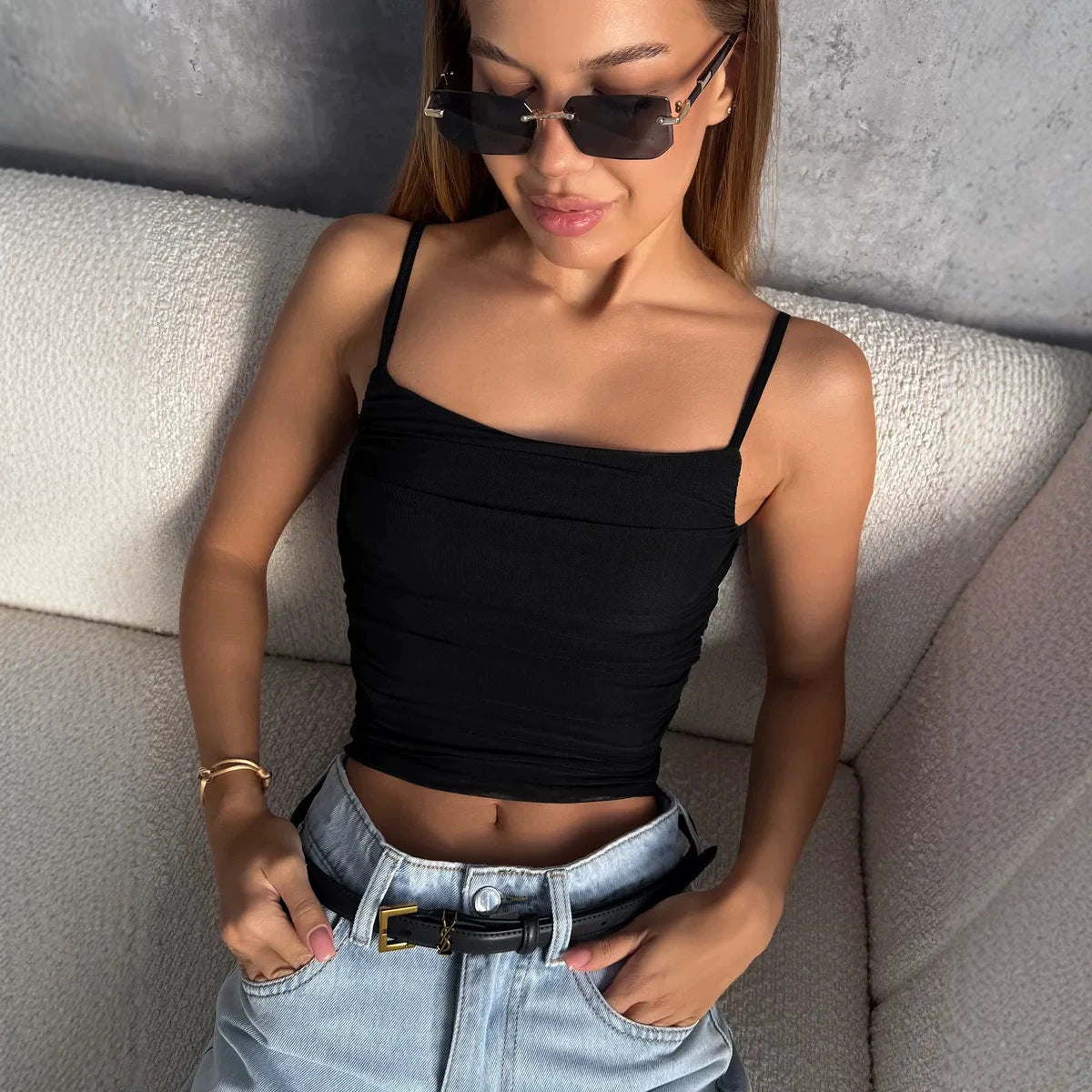 Women's Hot Pleated Sexy Camisole Slim Fit Slimming Mesh Small Vest/suspenders/tube Top