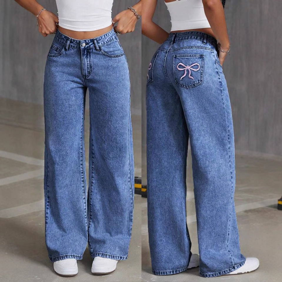 Women's Bow Embroidered Sweet Spicy Style High Waist Straight Women's Jeans
