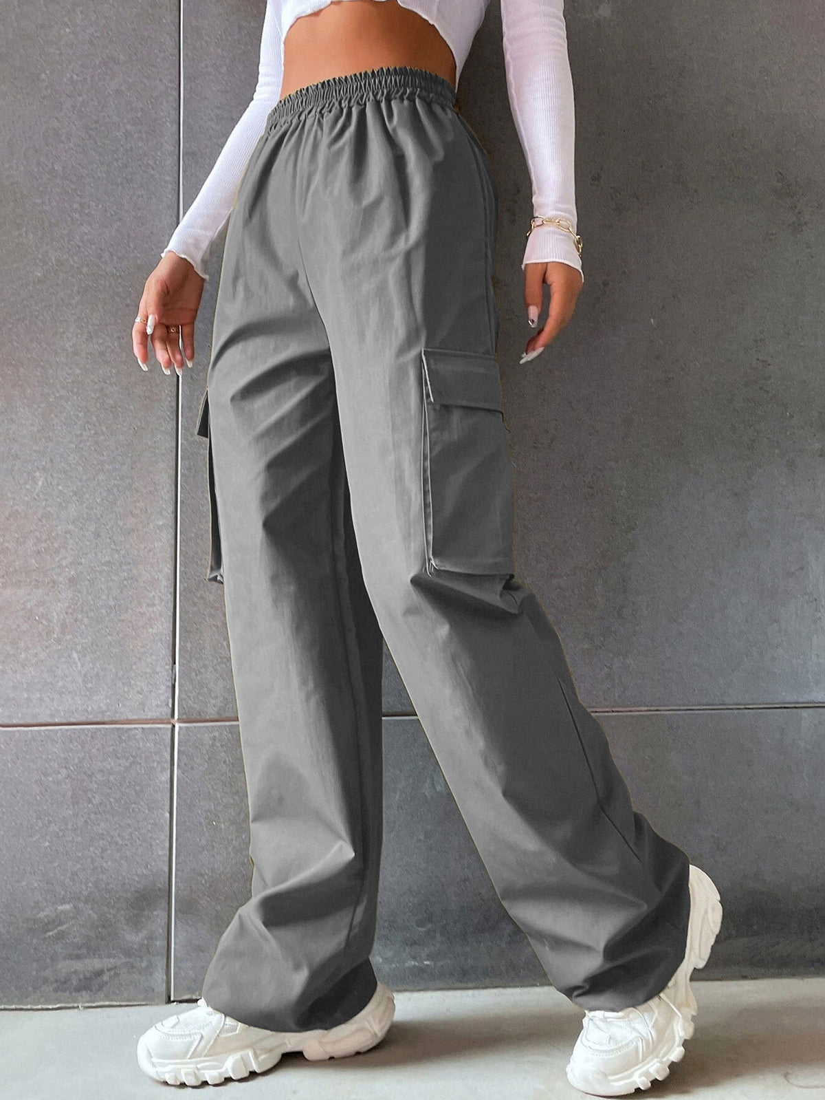 Women's Solid Color High Waist Flip Pocket Casual Pants