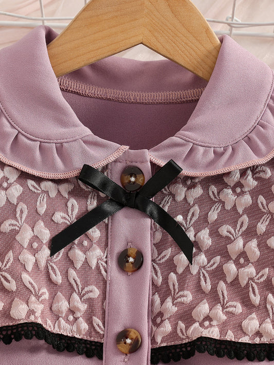 Purple Lace Long Sleeve Doll Collar Bow Children's Dress