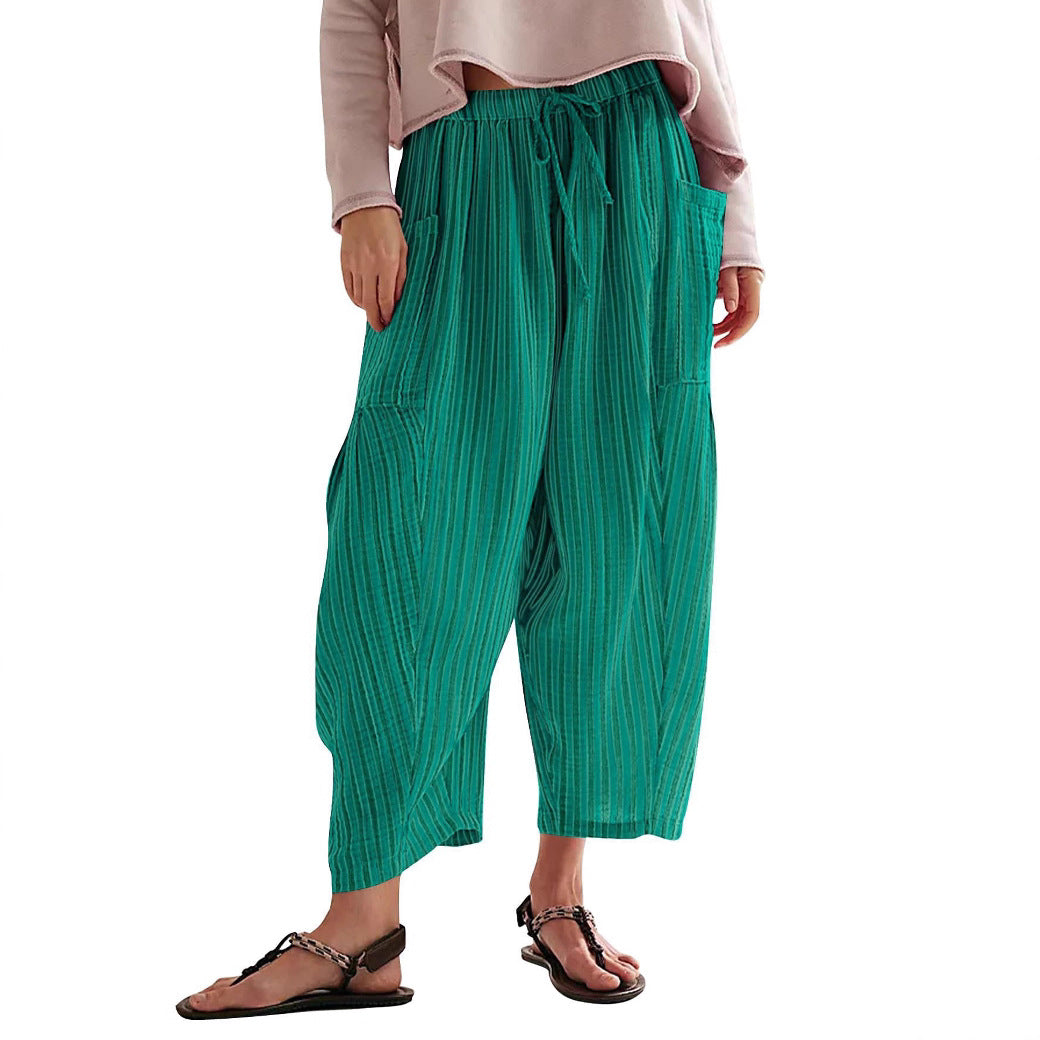 Women's Stripes Elastic Waist Cropped Pleated Breathable Casual Pants