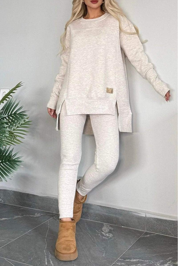 Women's Slit Long Sleeve Crew Neck Solid Color Fashion Casual Suit