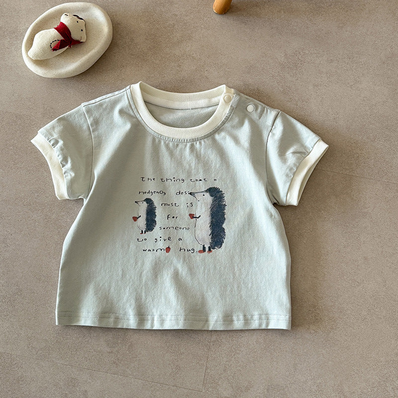 Summer Contrast Color Neckline Cartoon Print Short Sleeve Infant Versatile Children's T-shirt