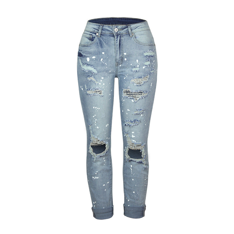 Women's Summer Stretch Water Washed Hole Straight Women's Jeans