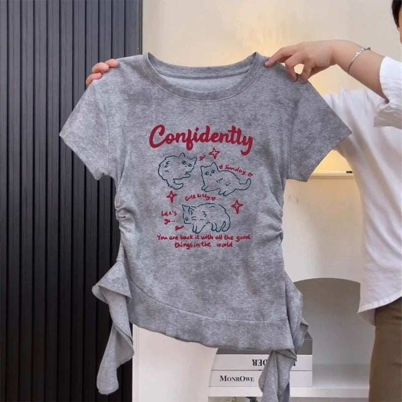 Middle Big Cat Printing Short-sleeved Summer Irregular Ruffle Top Children's T-shirt