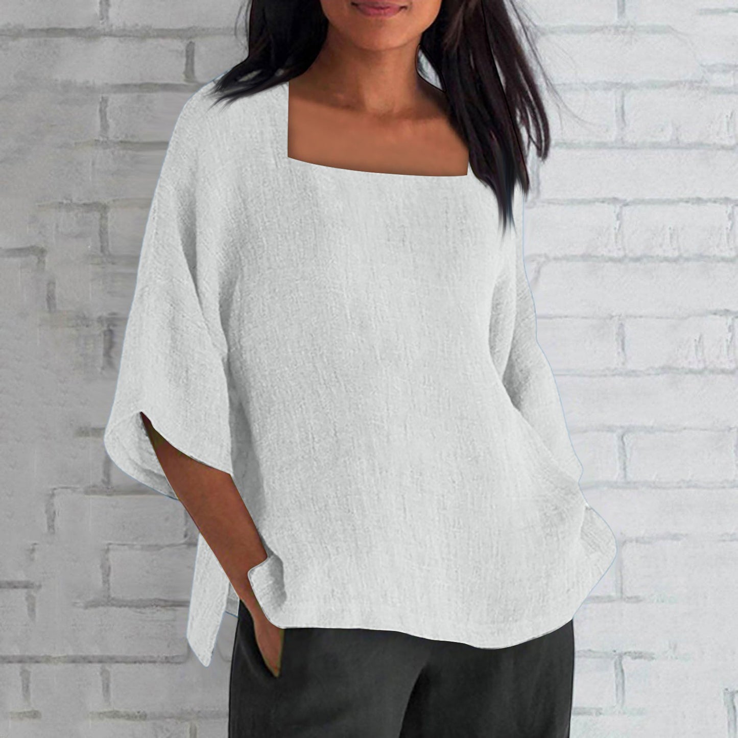 Women's Three-quarter Sleeve Square Collar Cotton Linen Blouse