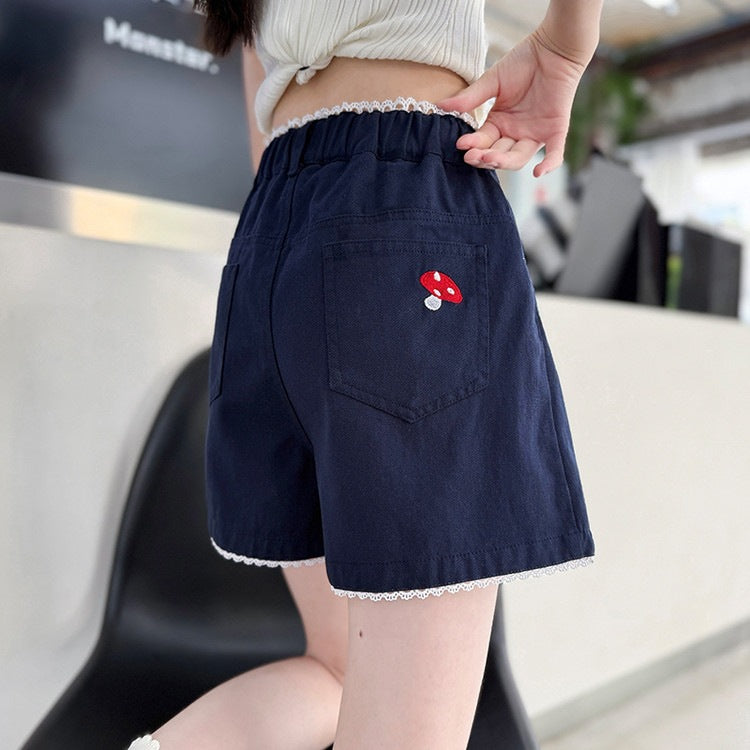 Summer Middle Big Mushroom Embroidery Lace Pleated Wide Children's Pants