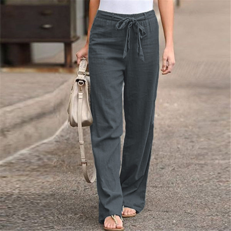 Women's Summer Elastic Waist Solid Color Cotton Linen Belt Wide Pants
